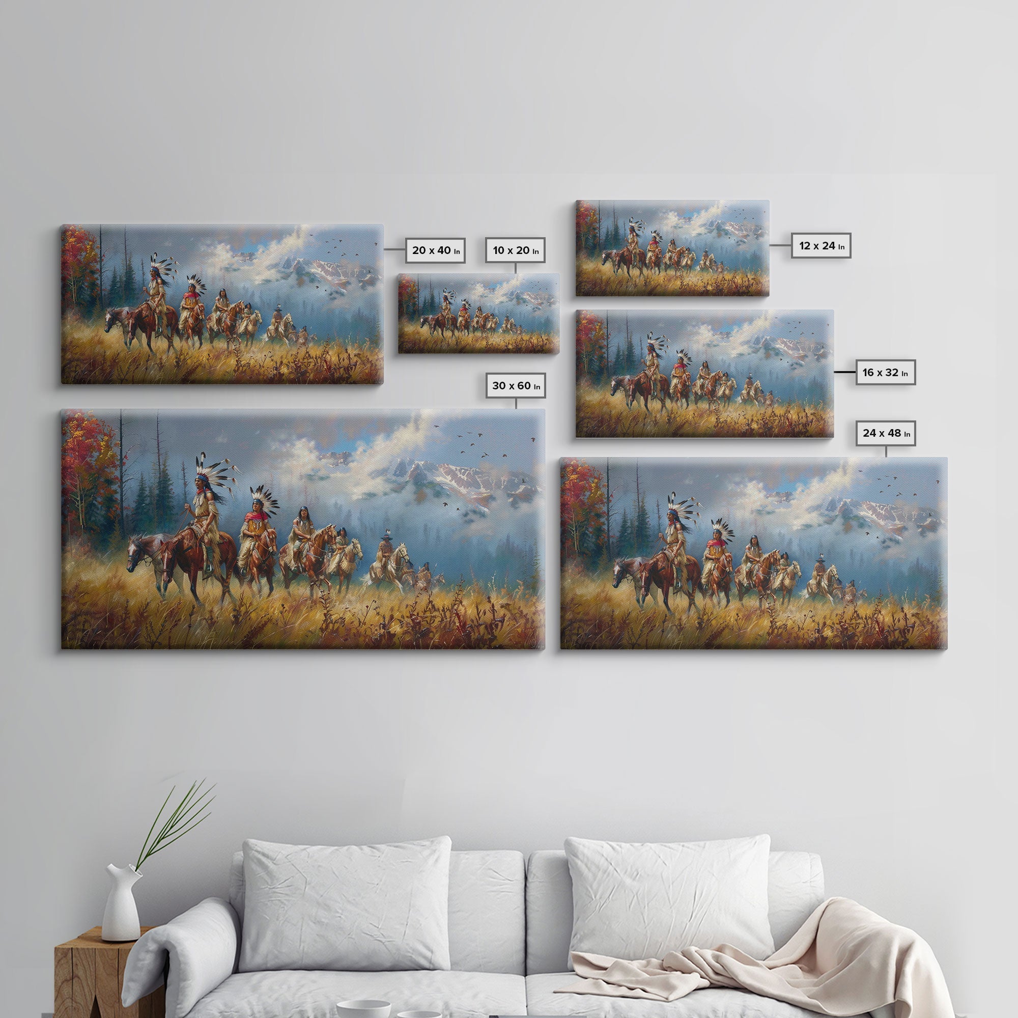 Native American Warriors on Horseback in Autumn Forest, Perfect Wall Art, Framed Canvas Print Living Room or Bedroom Decor, Historical Art