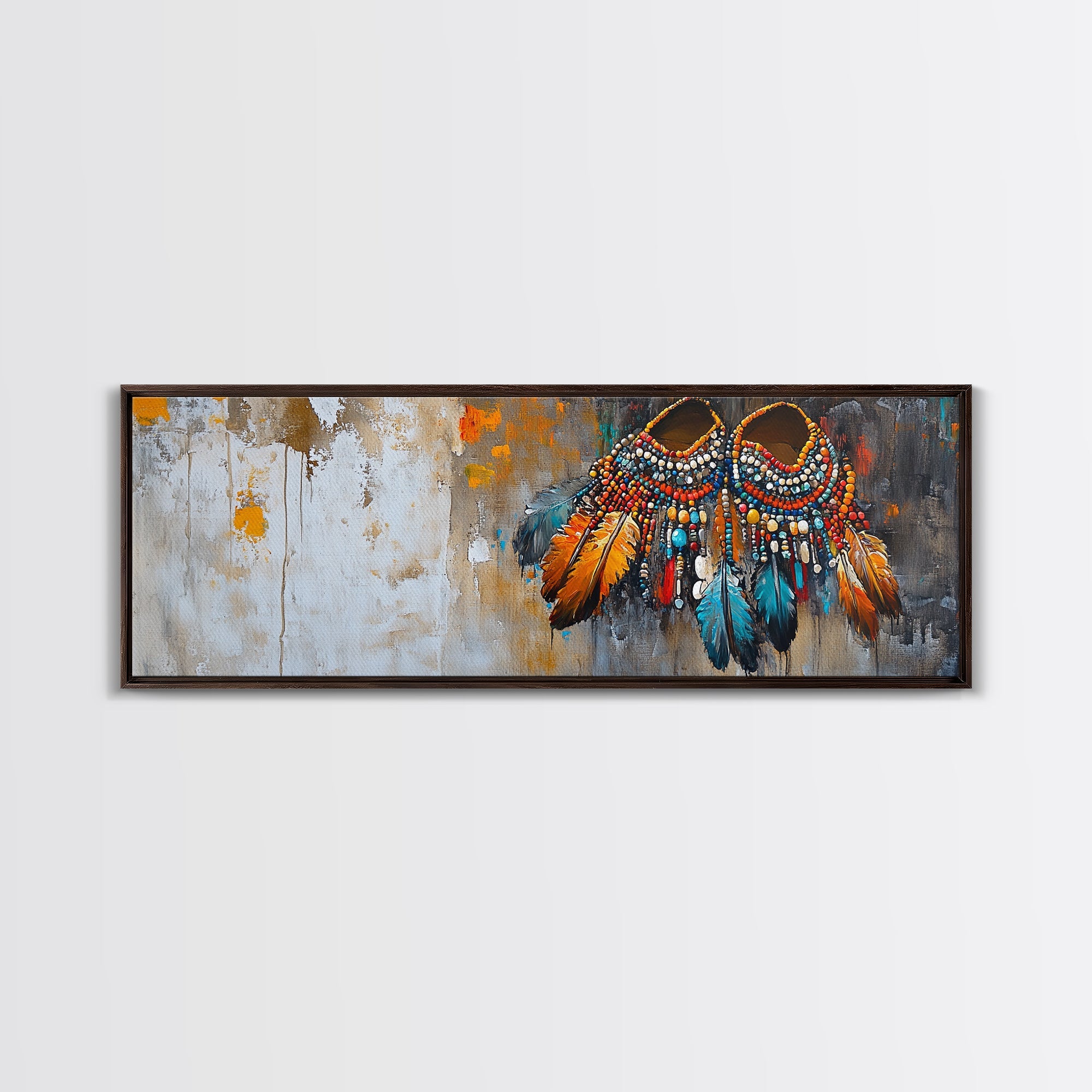 Vibrant Feathers, western wall art, native american painting, rustic decor, bold colors, extra wide art, panoramic art, framed canvas print