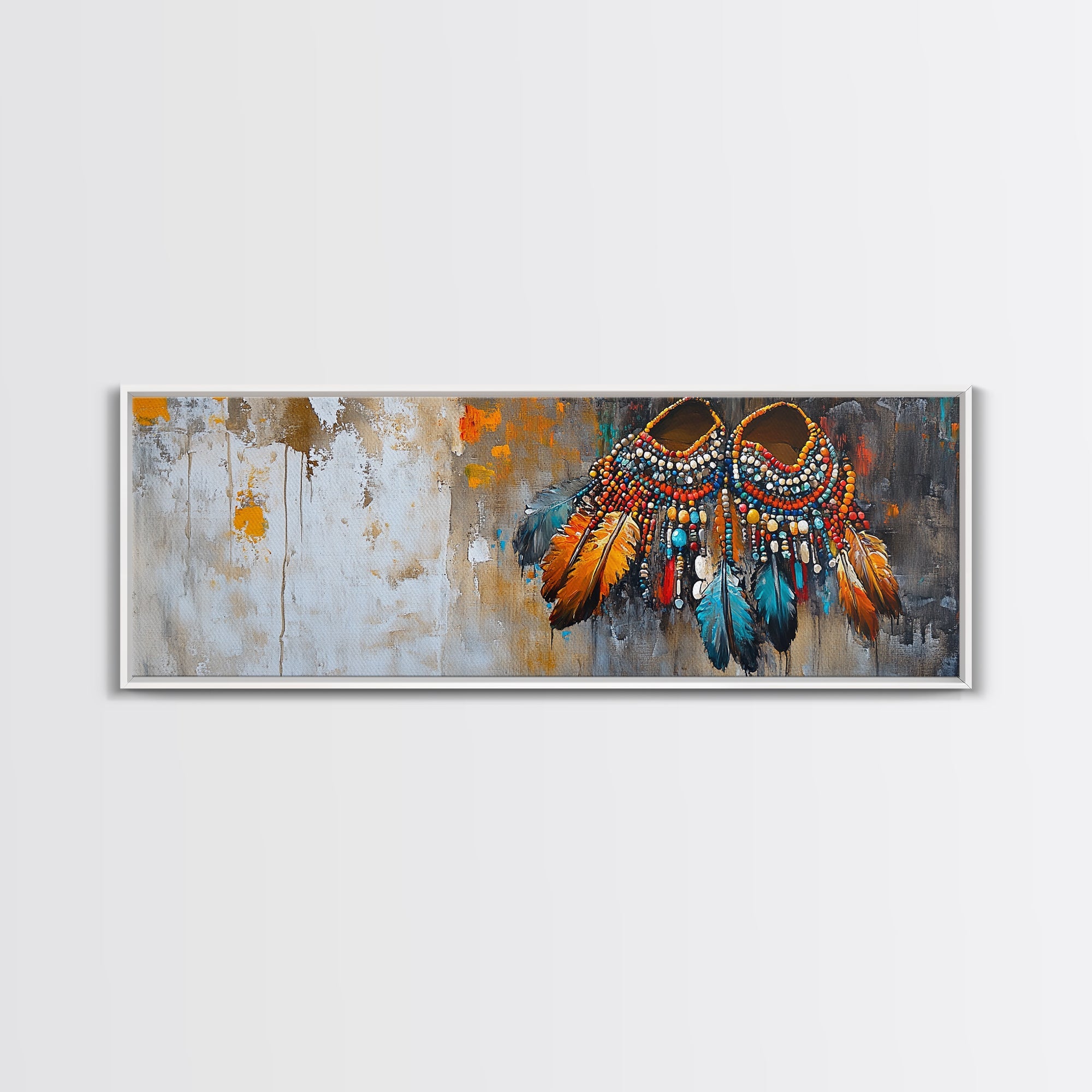 Vibrant Feathers, western wall art, native american painting, rustic decor, bold colors, extra wide art, panoramic art, framed canvas print