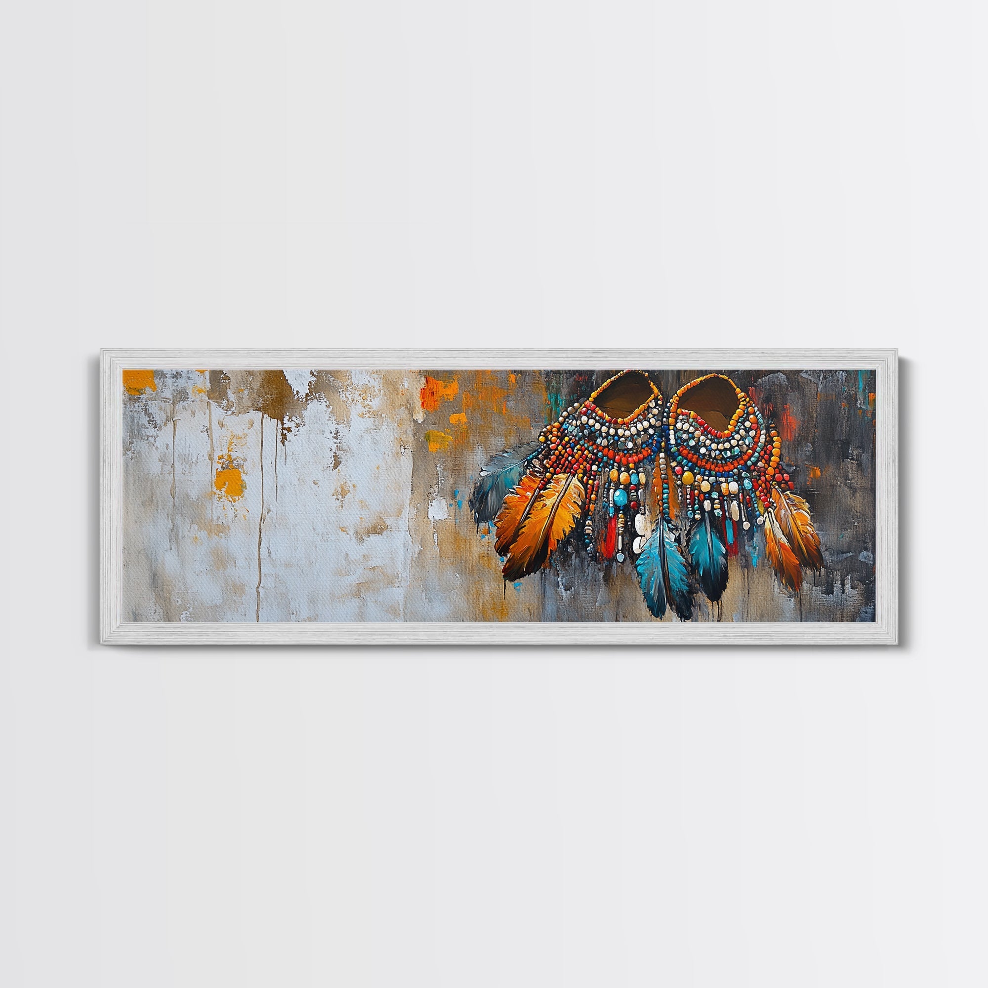 Vibrant Feathers, western wall art, native american painting, rustic decor, bold colors, extra wide art, panoramic art, framed canvas print