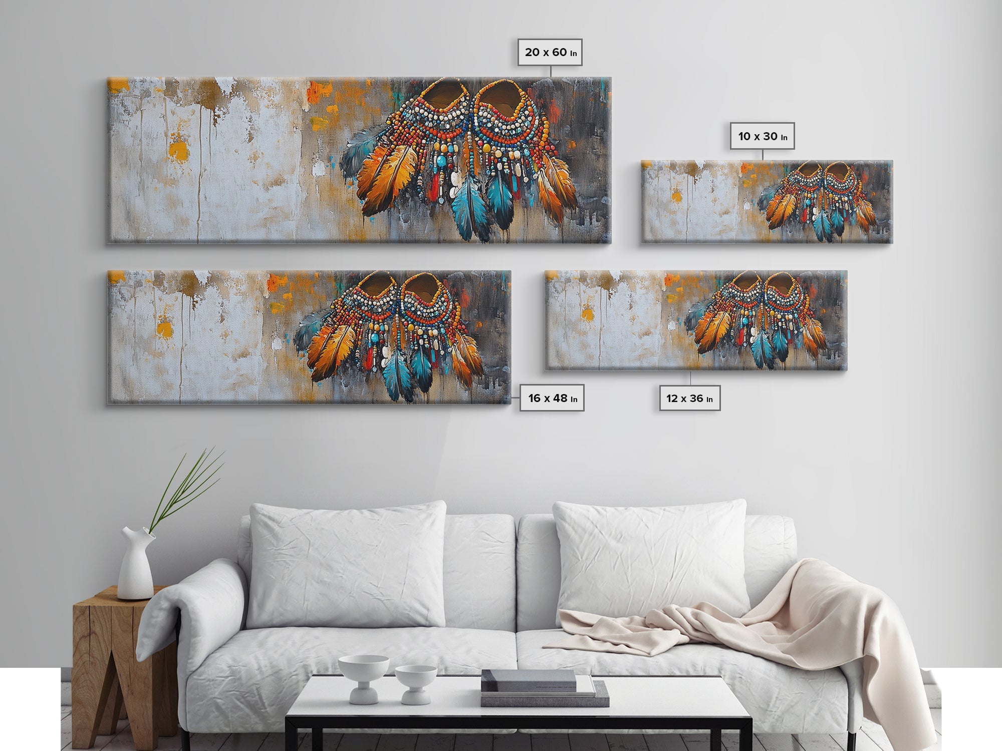 Vibrant Feathers, western wall art, native american painting, rustic decor, bold colors, extra wide art, panoramic art, framed canvas print