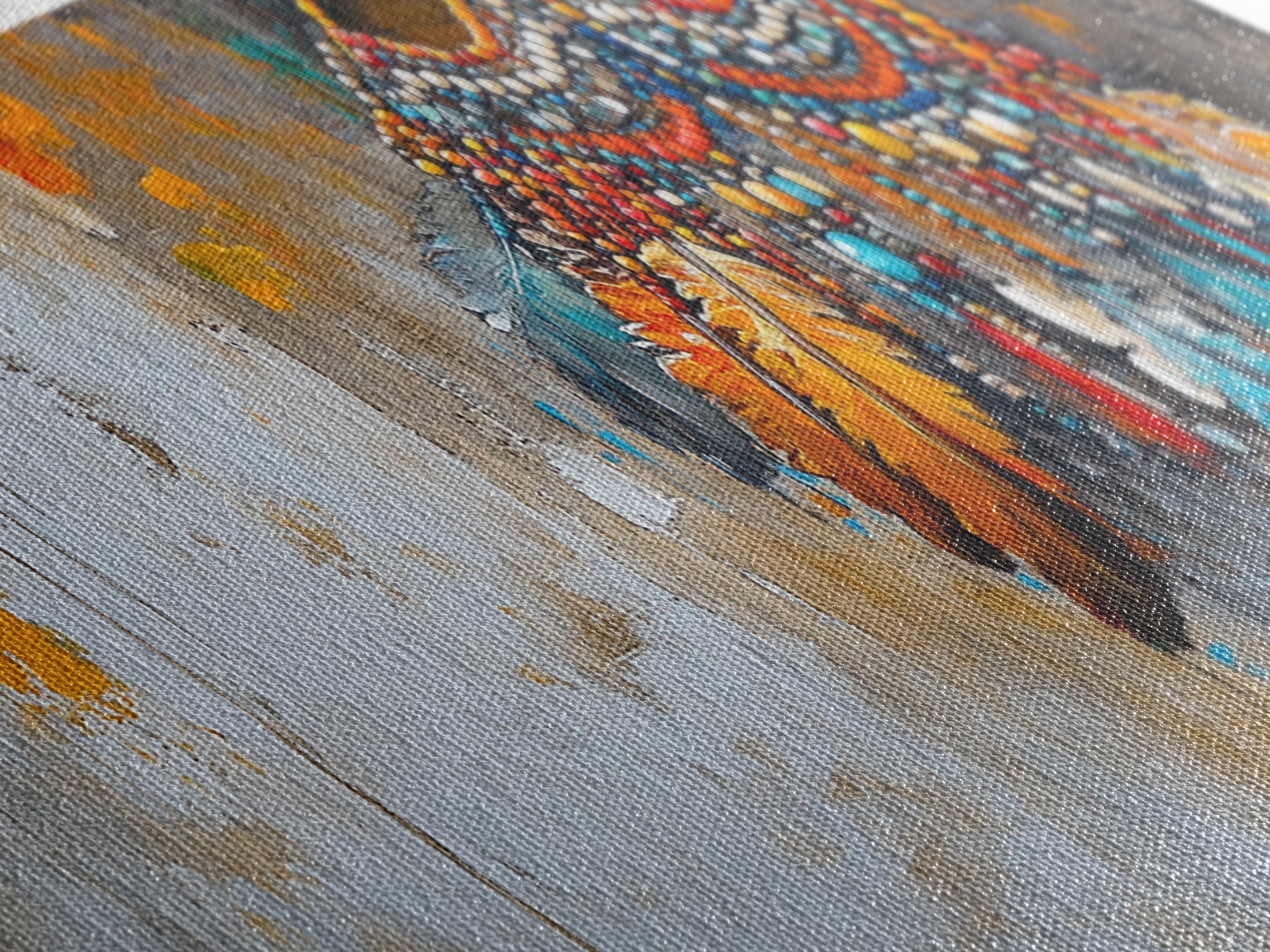 Vibrant Feathers, western wall art, native american painting, rustic decor, bold colors, extra wide art, panoramic art, framed canvas print