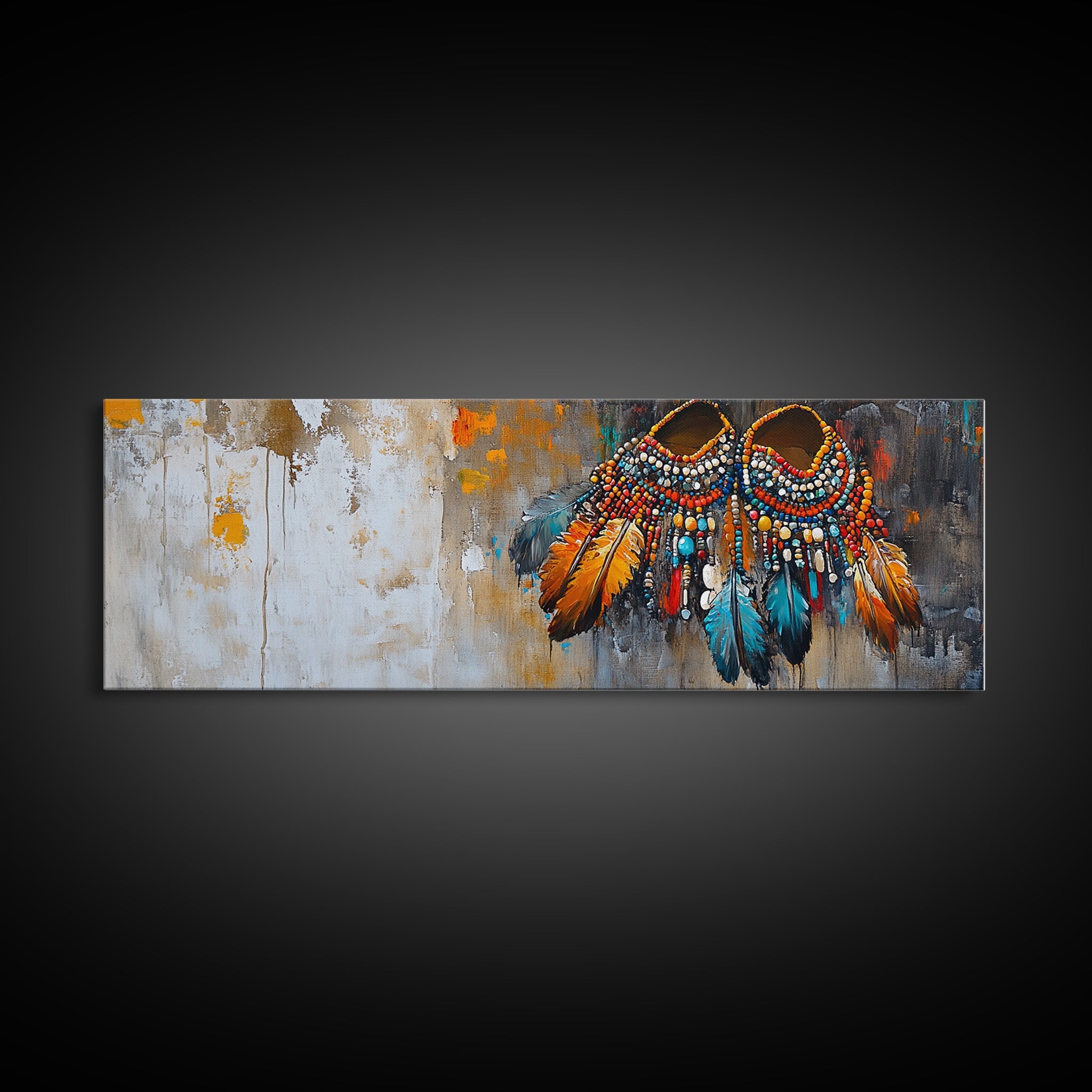Vibrant Feathers, western wall art, native american painting, rustic decor, bold colors, extra wide art, panoramic art, framed canvas print